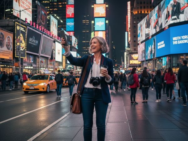 Donna over 50 in vacanza studio a New York da sola davanti a Times Square