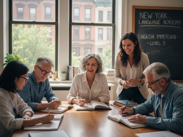 Gruppo di studenti adulti 50+ durante una lezione di inglese a New York
